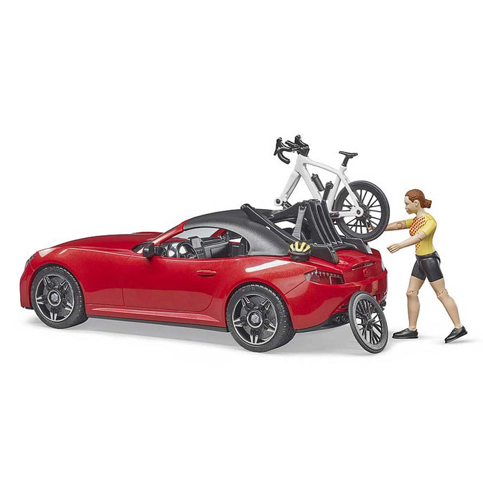 1/16 Red Roadster Car with Road Bike and Figure by Bruder