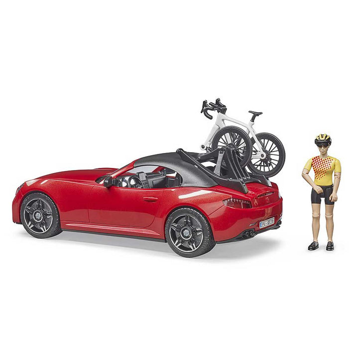 1/16 Red Roadster Car with Road Bike and Figure by Bruder
