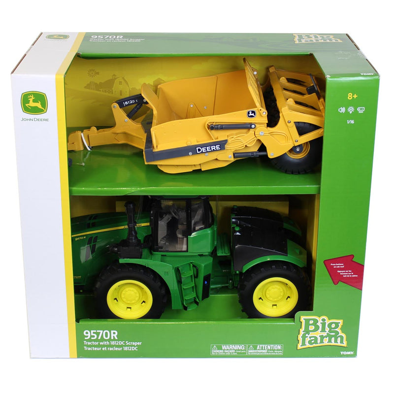 1/16 Big Farm John Deere 9570R 4-Wheel Drive Tractor with 1812DC Pan Scraper, 2 Piece Set