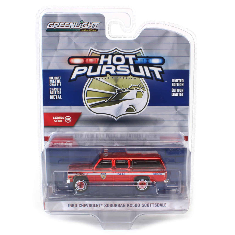 Target Exclusive Red Chrome ~ 1/64 1990 Chevrolet Suburban K2500 Scottsdale, NYPD, Hot Pursuit Series 46