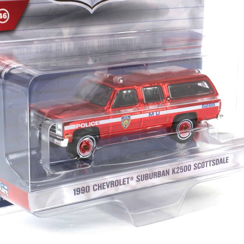 Target Exclusive Red Chrome ~ 1/64 1990 Chevrolet Suburban K2500 Scottsdale, NYPD, Hot Pursuit Series 46