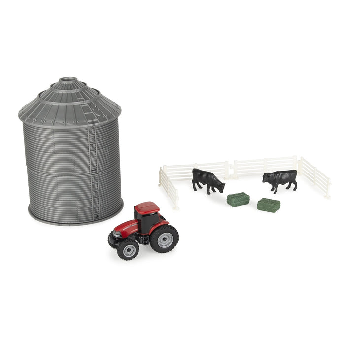 1/64 Case IH Grain Bin Set by ERTL with Tractor, Cattle, Hay Bales & Fence Image