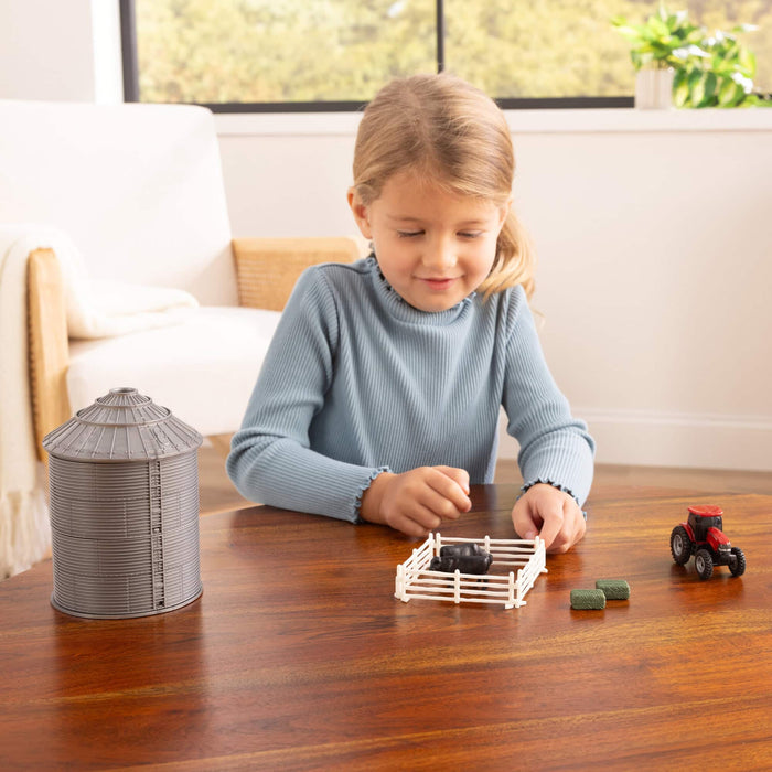 1/64 Case IH Grain Bin Set by ERTL with Tractor, Cattle, Hay Bales & Fence Image