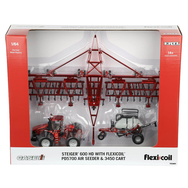 Red Chrome ~ 1/64 Case IH Steiger 600 HD Tractor with Flexi-Coil PD5700 Air Seeder & 3450 Cart by ERTL, Outback Toys Exclusive