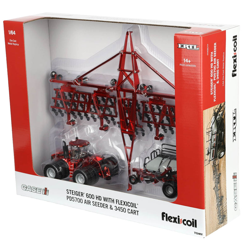 Red Chrome ~ 1/64 Case IH Steiger 600 HD Tractor with Flexi-Coil PD5700 Air Seeder & 3450 Cart by ERTL, Outback Toys Exclusive