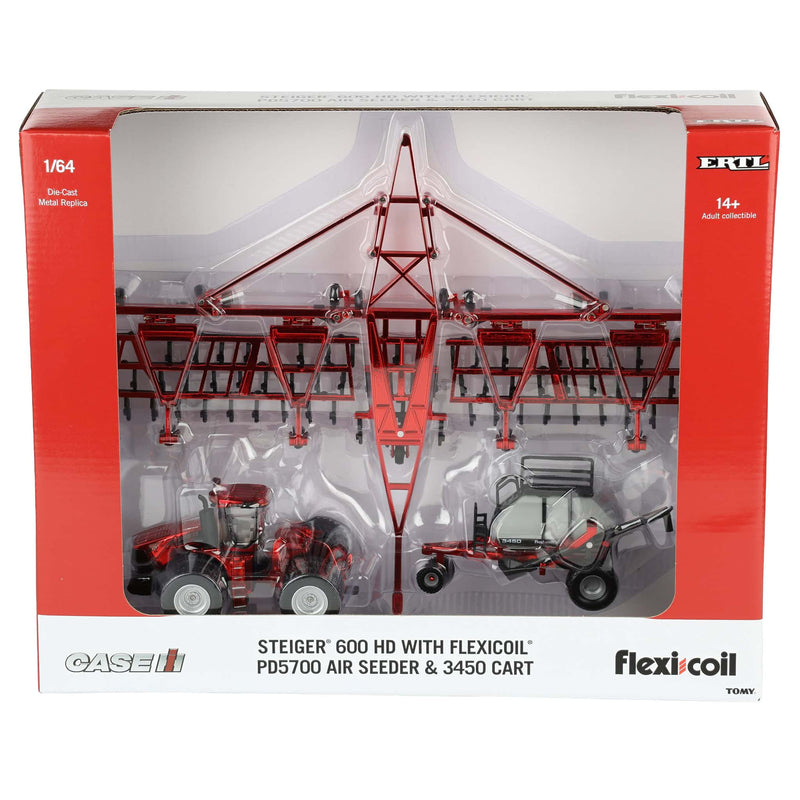 Red Chrome ~ 1/64 Case IH Steiger 600 HD Tractor with Flexi-Coil PD5700 Air Seeder & 3450 Cart by ERTL, Outback Toys Exclusive
