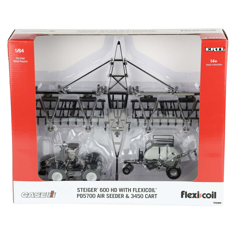 Gun Metal Chrome ~ 1/64 Case IH Steiger 600 HD Tractor with Flexi-Coil PD5700 Air Seeder & 3450 Cart by ERTL, Outback Toys Exclusive