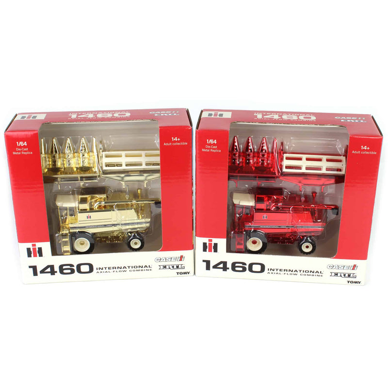 Gold & Red Chrome Set ~ 1/64 International 1460 Combine with Rear Wheel Assist, Corn Head & Grain Head by ERTL