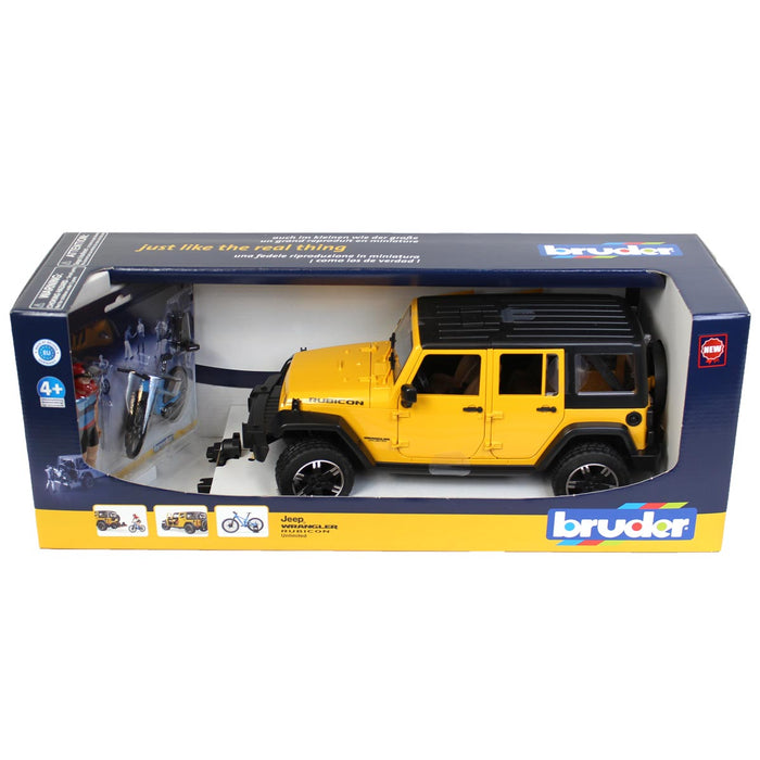 1/16 Yellow Jeep Wrangler Rubicon with Mountain Bike and Figure by Bruder