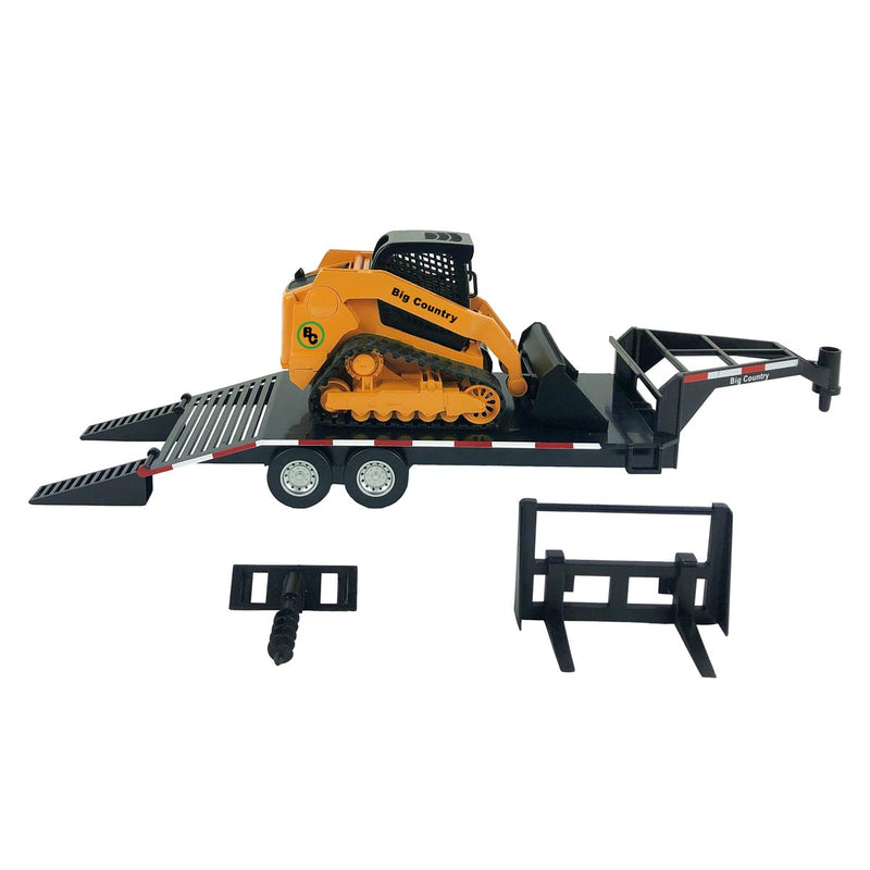 (B&D) 1/20 Track Skid Steer w/ Attachments & Flatbed Gooseneck Trailer  - Damaged Item