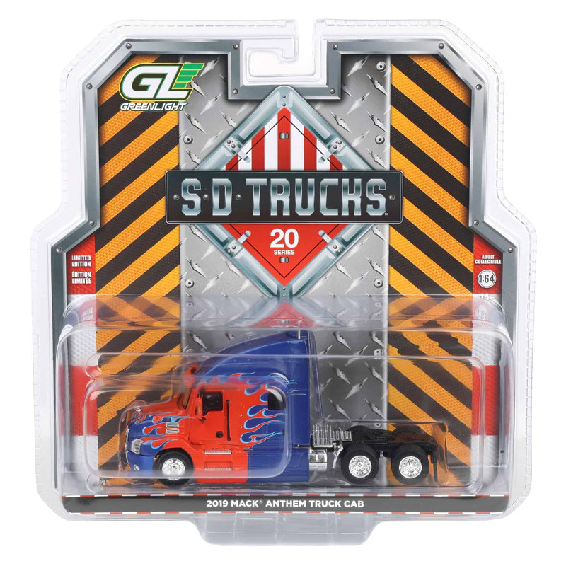 1/64 2019 Mack Anthem Truck Cab, Red & Blue Flames, GreenLight S.D. Trucks Series 20