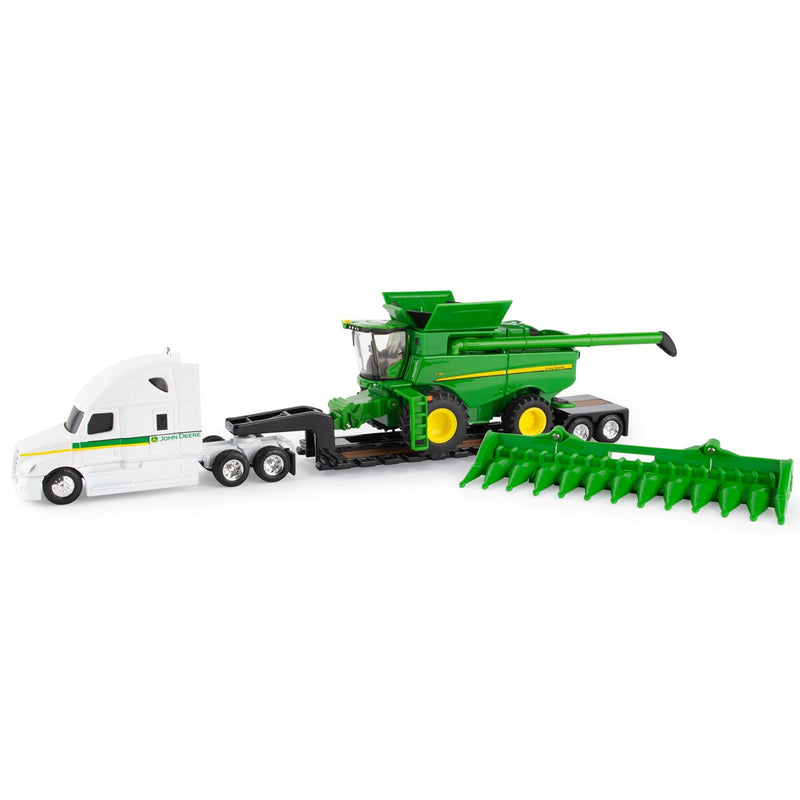 1/64 John Deere S780 Combine & Freightliner Semi Truck with Lowboy Trailer, ERTL Replica Play