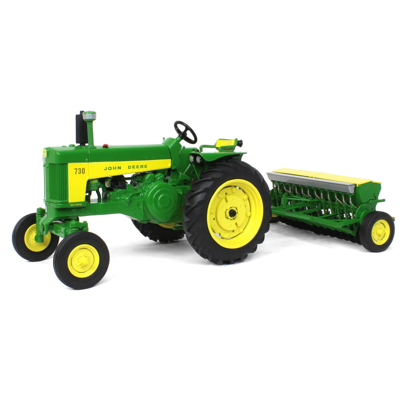 (B&D) 1/16 John Deere 730 Tractor with Wide Front & Grain Drill, ERTL Prestige Collection - Damaged Item
