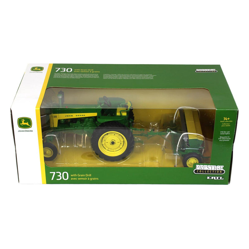 (B&D) 1/16 John Deere 730 Tractor with Wide Front & Grain Drill, ERTL Prestige Collection - Damaged Item
