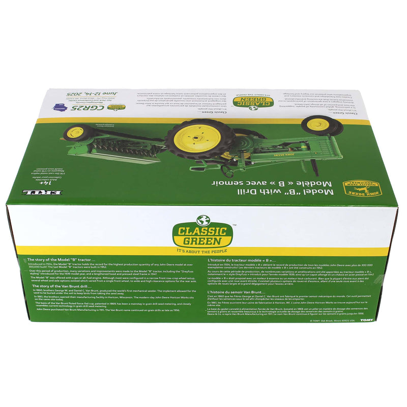 1/16 John Deere Model B Tractor with Grain Drill, 2025 Classic Green Reunion, ERTL Prestige Collection