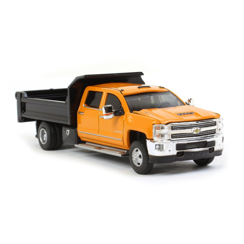 1/64 2017 Chevrolet Silverado 3500 Dump Truck, Orange & Black Dually Drivers 4
