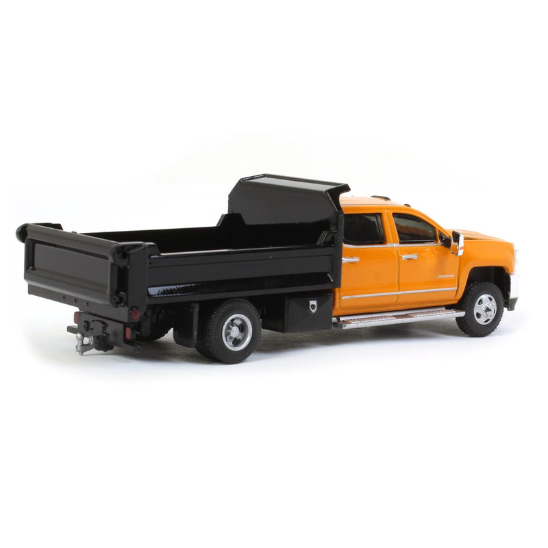 1/64 2017 Chevrolet Silverado 3500 Dump Truck, Orange & Black Dually Drivers 4