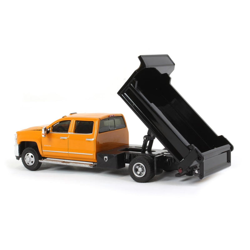 1/64 2017 Chevrolet Silverado 3500 Dump Truck, Orange & Black Dually Drivers 4