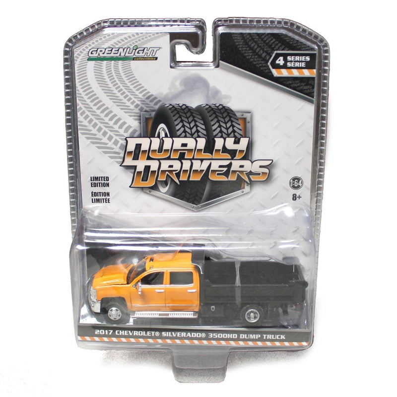 1/64 2017 Chevrolet Silverado 3500 Dump Truck, Orange & Black Dually Drivers 4
