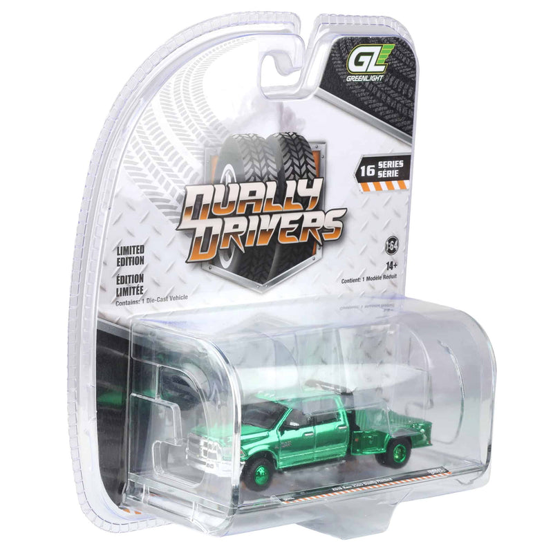 Green Chrome Super Chase Unit ~ 1/64 2018 Ram 3500 Dually Flatbed, Robin’s Egg Blue, Dually Drivers Series 16