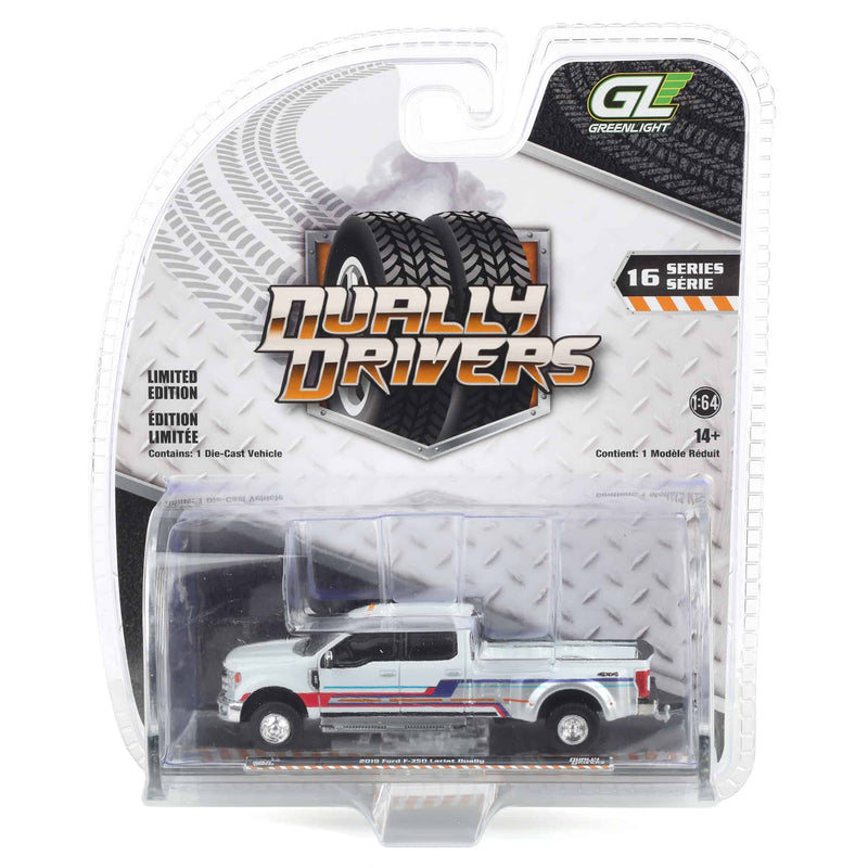1/64 2019 Ford F-350 Lariat Dually, White with Custom Stripes, Dually Drivers Series 16