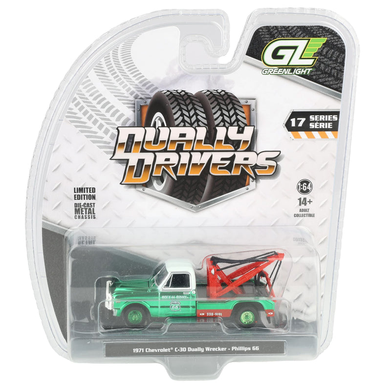 Green Chrome Chase Unit ~ 1/64 1971 Chevrolet C-30 Dually Wrecker, Phillips 66, Dually Drivers Series 17