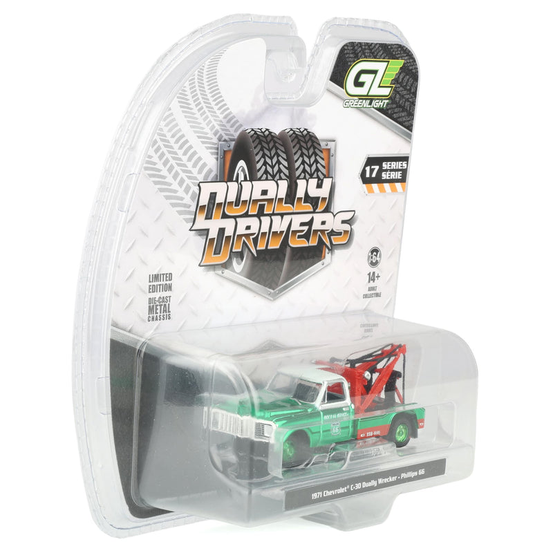 Green Chrome Chase Unit ~ 1/64 1971 Chevrolet C-30 Dually Wrecker, Phillips 66, Dually Drivers Series 17