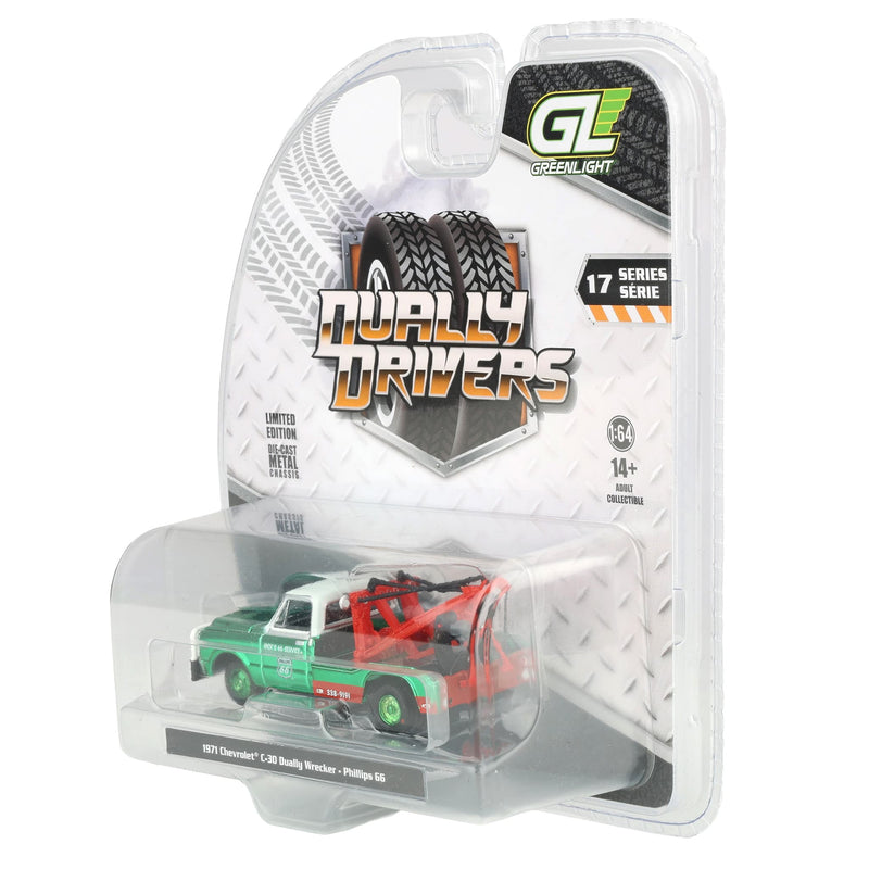 Green Chrome Chase Unit ~ 1/64 1971 Chevrolet C-30 Dually Wrecker, Phillips 66, Dually Drivers Series 17