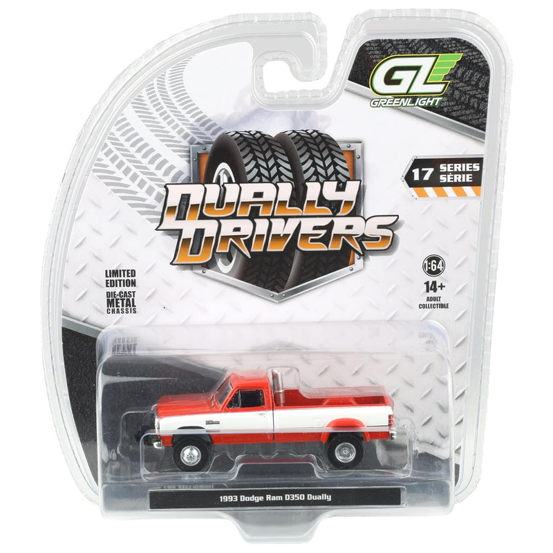 1/64 1993 Dodge Ram D350 Dually, Red & White with Exhaust + Bumper Weights, Dually Drivers Series 17