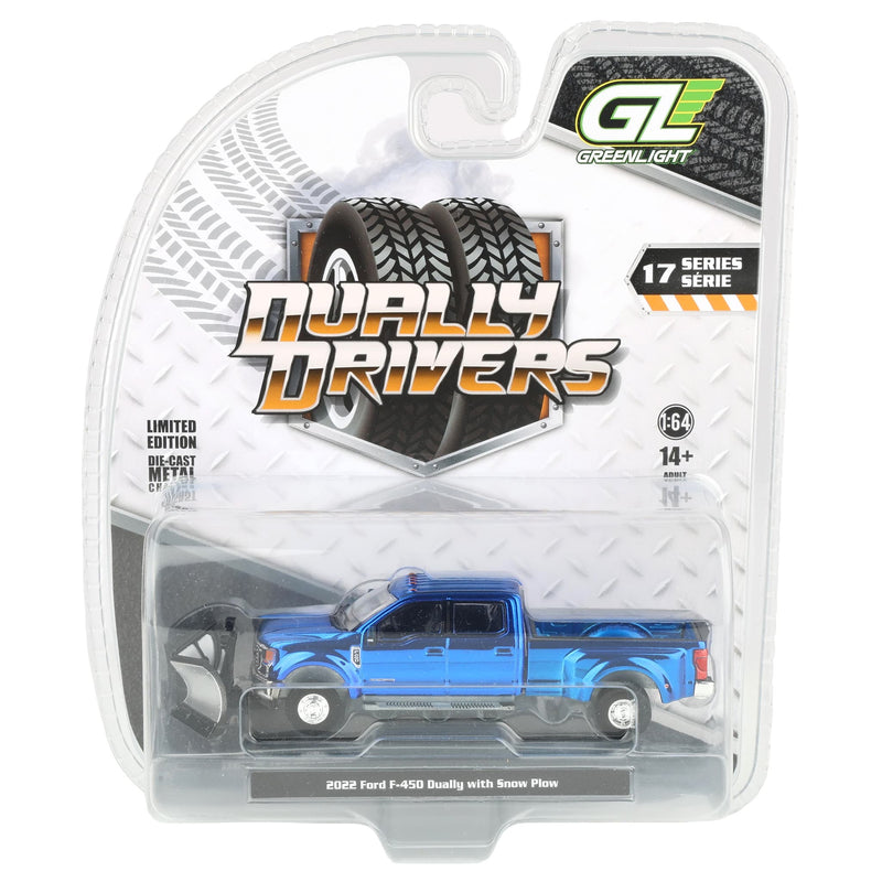 Blue Chrome Chase Unit ~ 1/64 2022 Ford F-450 Dually Pickup Truck with Snow Plow, Dually Drivers Series 17