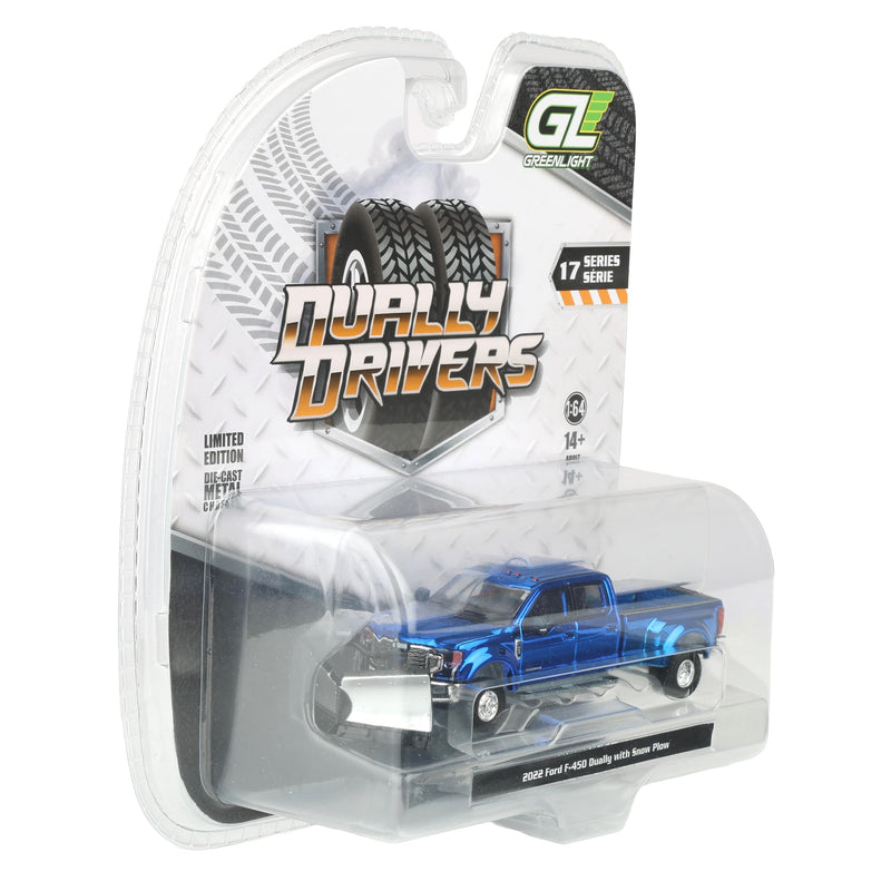Blue Chrome Chase Unit ~ 1/64 2022 Ford F-450 Dually Pickup Truck with Snow Plow, Dually Drivers Series 17