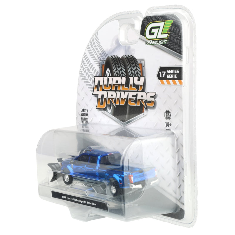 Blue Chrome Chase Unit ~ 1/64 2022 Ford F-450 Dually Pickup Truck with Snow Plow, Dually Drivers Series 17