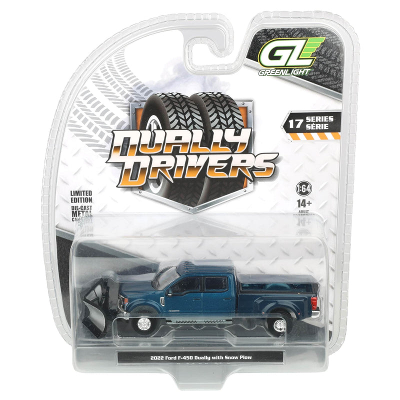 1/64 2022 Ford F-450 Dually Pickup Truck with Snow Plow, Antimatter Blue, Dually Drivers Series 17