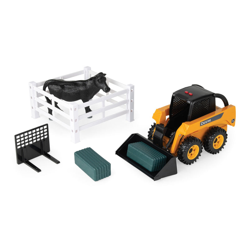 1/16 Big Farm John Deere Toy Set with Lights & Sounds Skid Steer Loader, Attachments, Bales, Fence, & Cow
