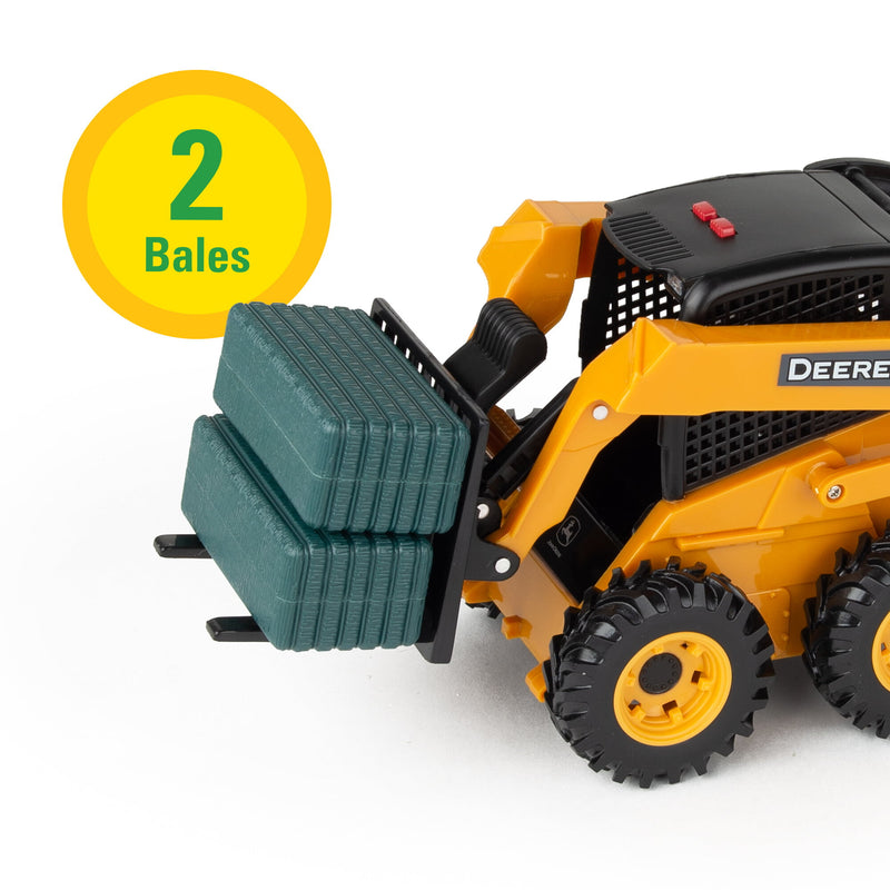 1/16 Big Farm John Deere Toy Set with Lights & Sounds Skid Steer Loader, Attachments, Bales, Fence, & Cow