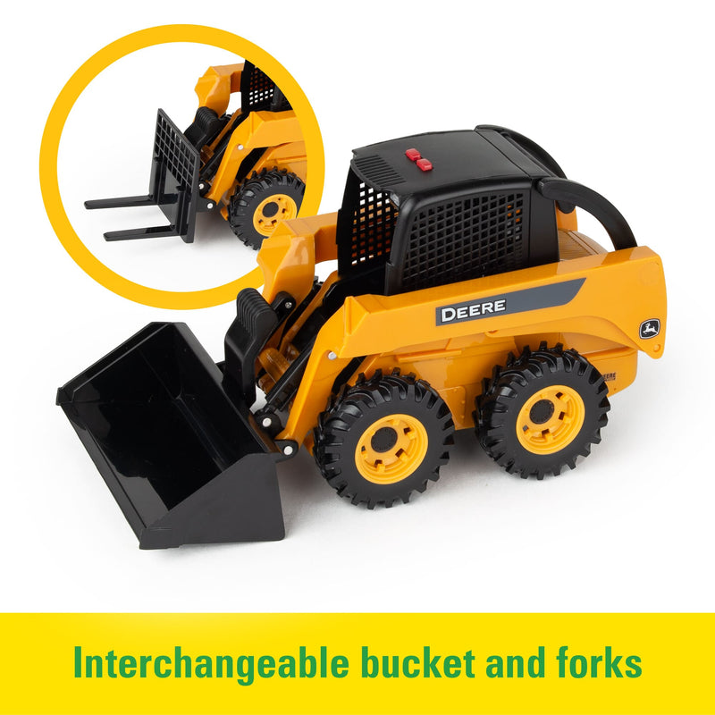 1/16 Big Farm John Deere Toy Set with Lights & Sounds Skid Steer Loader, Attachments, Bales, Fence, & Cow