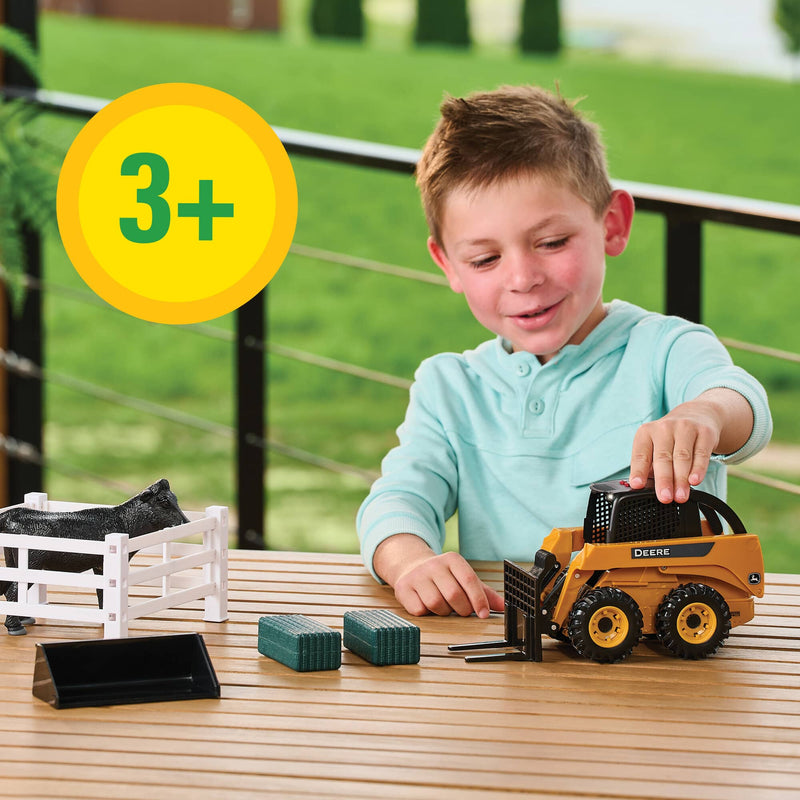 1/16 Big Farm John Deere Toy Set with Lights & Sounds Skid Steer Loader, Attachments, Bales, Fence, & Cow