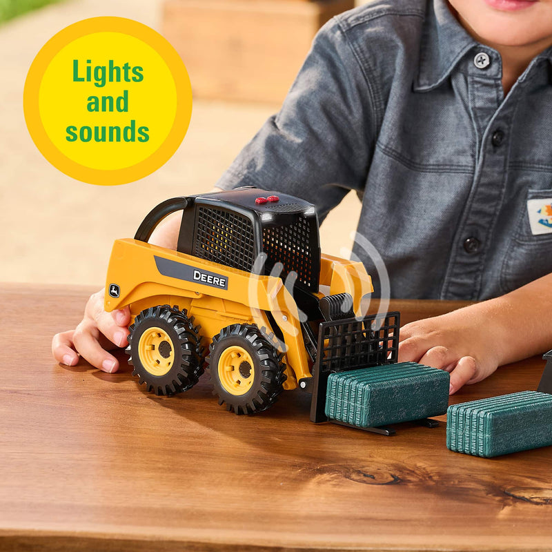 1/16 Big Farm John Deere Toy Set with Lights & Sounds Skid Steer Loader, Attachments, Bales, Fence, & Cow