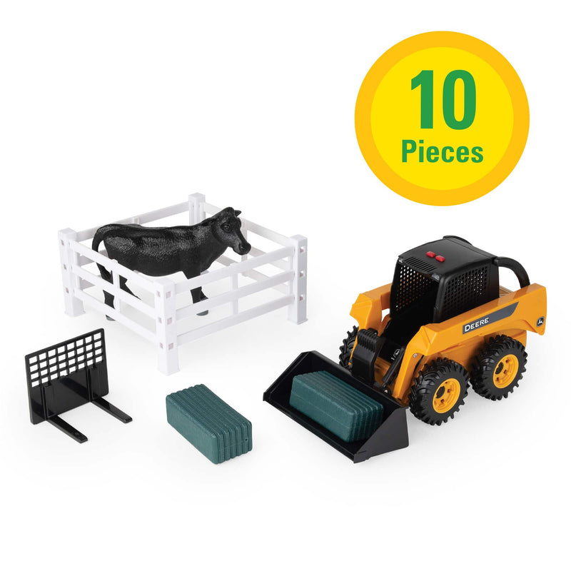 1/16 Big Farm John Deere Toy Set with Lights & Sounds Skid Steer Loader, Attachments, Bales, Fence, & Cow