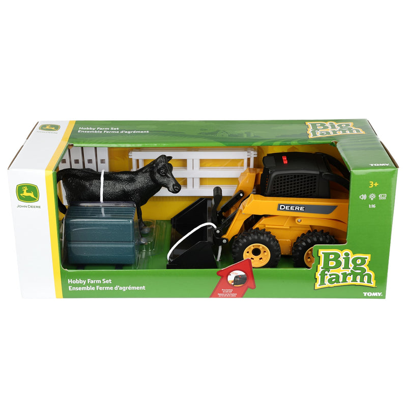 1/16 Big Farm John Deere Toy Set with Lights & Sounds Skid Steer Loader, Attachments, Bales, Fence, & Cow