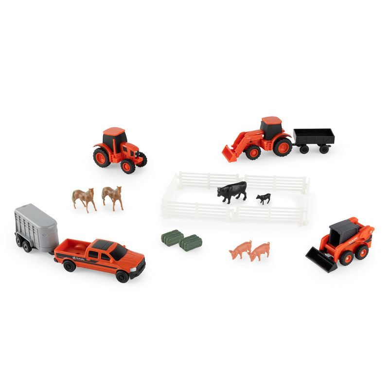 1/64 Kubota 20 Piece Farm Toy Value Set with Tractors, Trailers, Skid Loader, Pickup Truck, & Accessories by ERTL