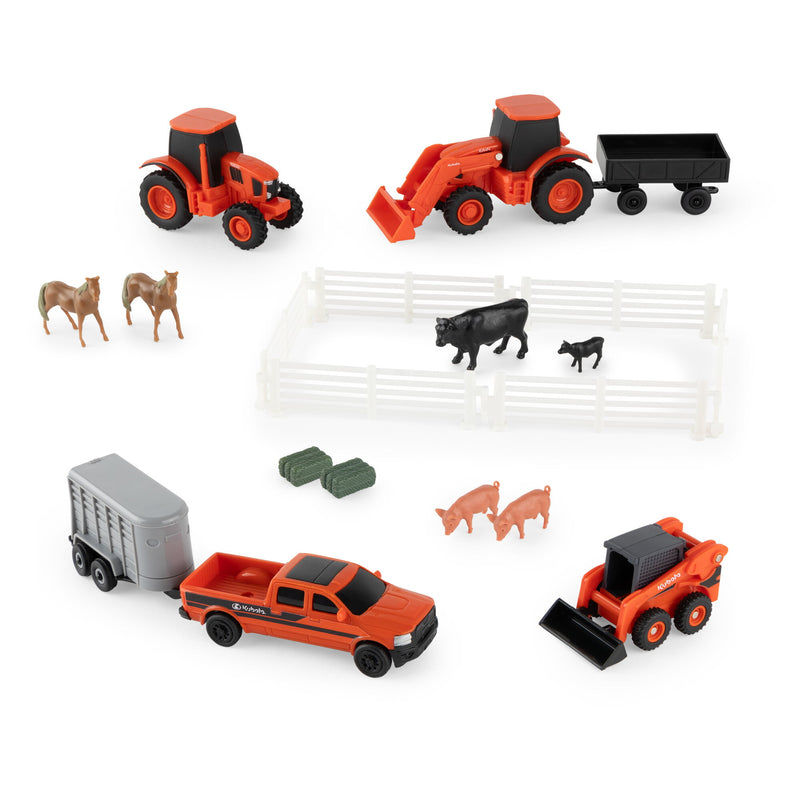 1/64 Kubota 20 Piece Farm Toy Value Set with Tractors, Trailers, Skid Loader, Pickup Truck, & Accessories by ERTL