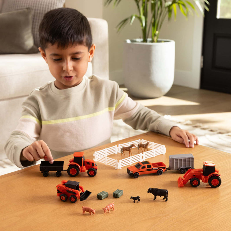1/64 Kubota 20 Piece Farm Toy Value Set with Tractors, Trailers, Skid Loader, Pickup Truck, & Accessories by ERTL