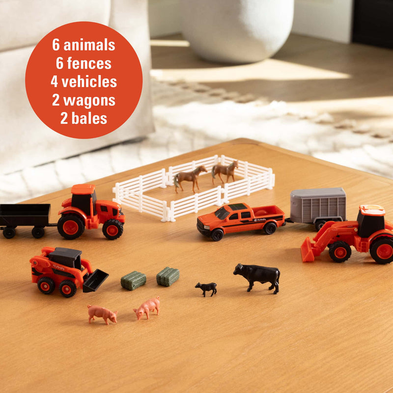 1/64 Kubota 20 Piece Farm Toy Value Set with Tractors, Trailers, Skid Loader, Pickup Truck, & Accessories by ERTL