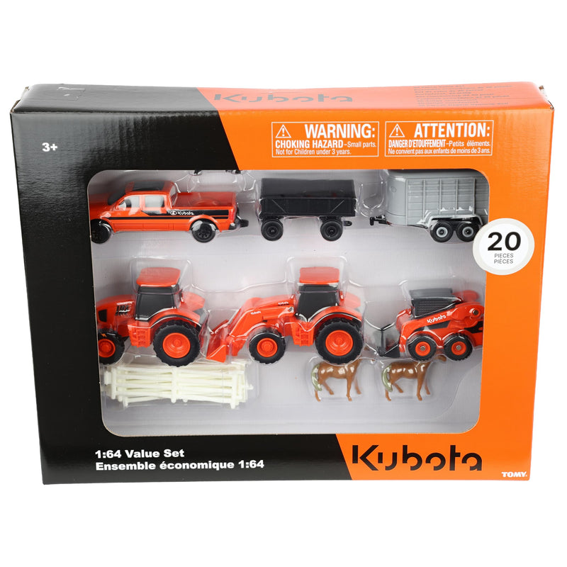 1/64 Kubota 20 Piece Farm Toy Value Set with Tractors, Trailers, Skid Loader, Pickup Truck, & Accessories by ERTL