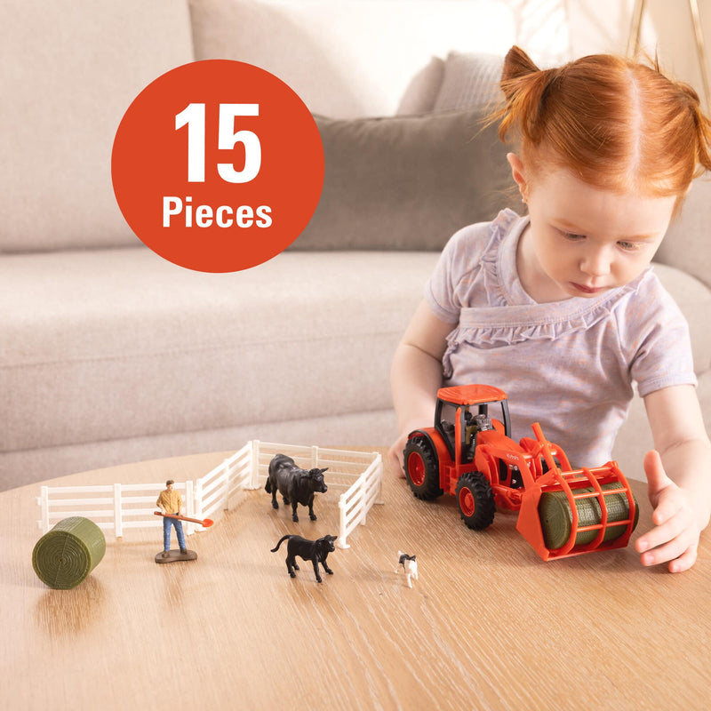 1/32 Kubota 15-Piece Farm Toy Playset with Tractor & Loader, Animals, Figures, & Accessories by ERTL