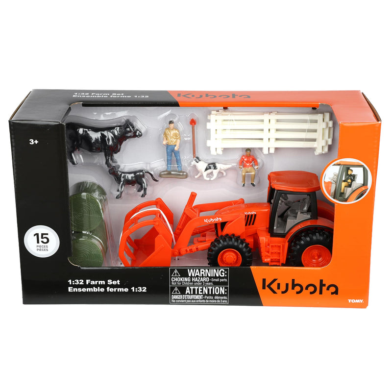 1/32 Kubota 15-Piece Farm Toy Playset with Tractor & Loader, Animals, Figures, & Accessories by ERTL