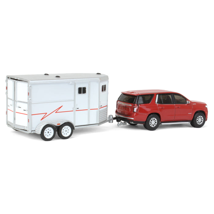 1/64 Cherry Red 2021 Chevrolet Tahoe with Horse Trailer, Hitch & Tow Series 23