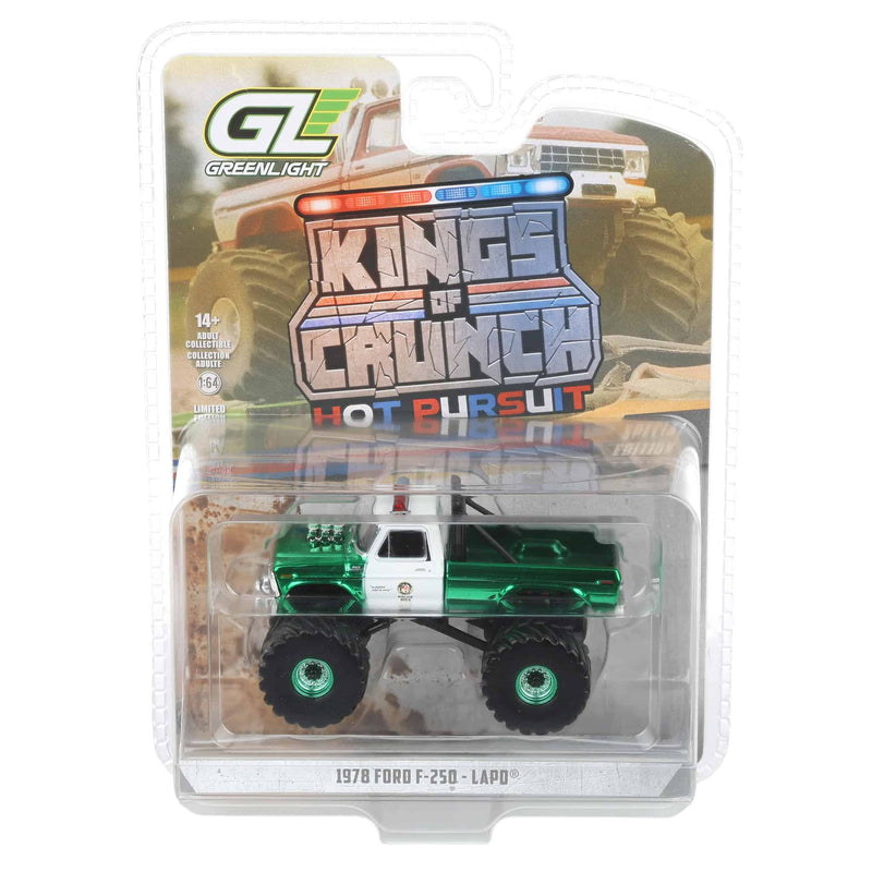Green Chrome Super Chase Unit ~ 1/64 1978 Ford F-250, Los Angeles Police Department, Kings of Crunch x Hot Pursuit Special Edition Series 17
