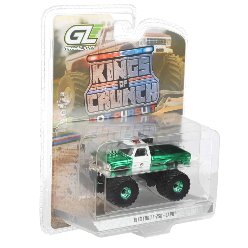 Green Chrome Super Chase Unit ~ 1/64 1978 Ford F-250, Los Angeles Police Department, Kings of Crunch x Hot Pursuit Special Edition Series 17